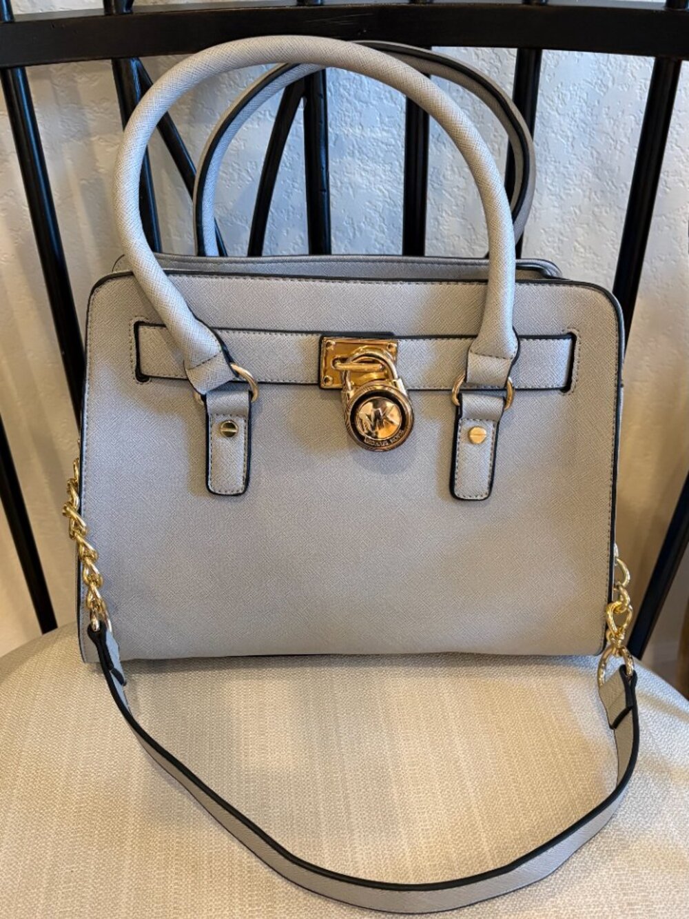 Michael Kors Hamilton Saffiano Leather Medium Satchel Light Grey Gold Hardware